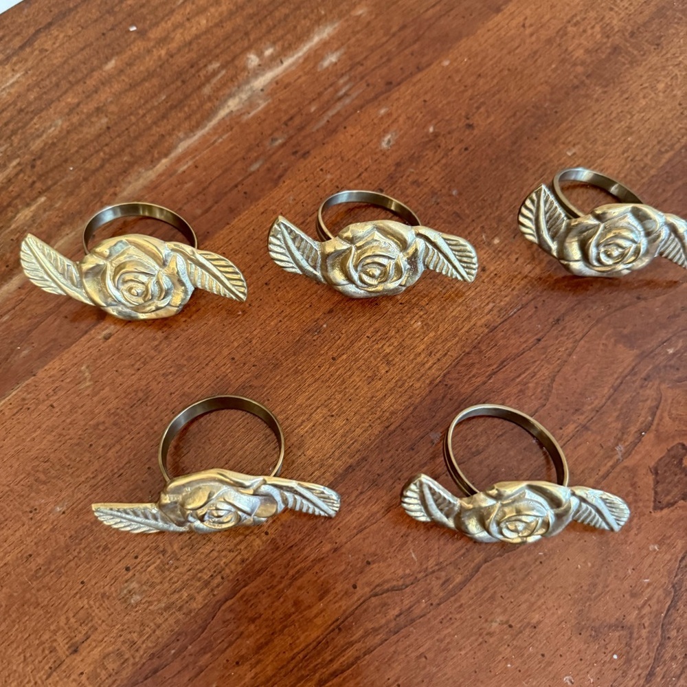 Set of 5 Solid Brass Napkin Rings Single Rose with Leaves Table Decor - Picture 2 of 6